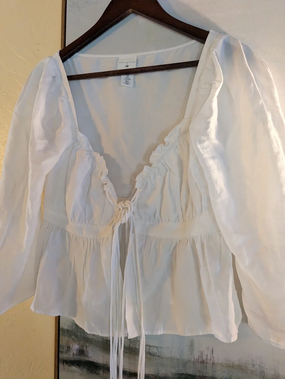 H&M Size Small Linen Blend Women's White Tie-Front Peasant Blouse NWOT